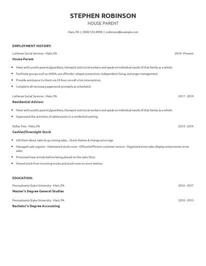 House Parent Resume
