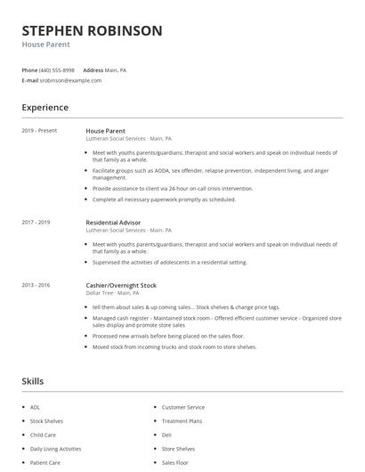 House Parent Resume