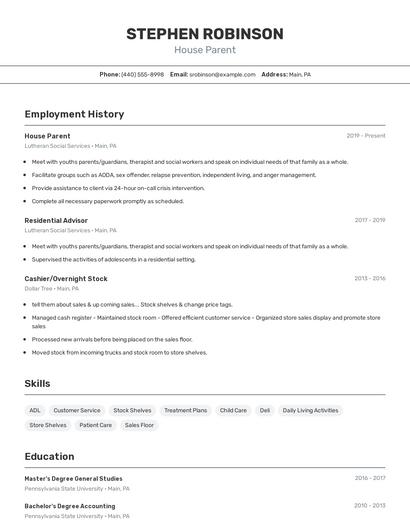 House Parent Resume