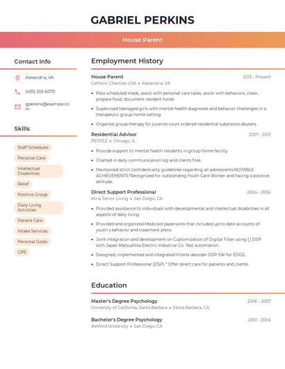 House Parent Resume