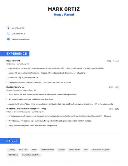 House Parent Resume