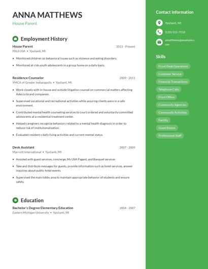 House Parent Resume