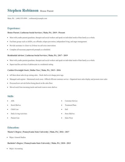House Parent Resume