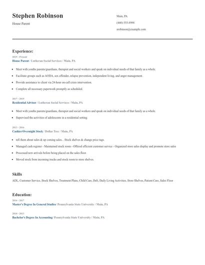 House Parent Resume