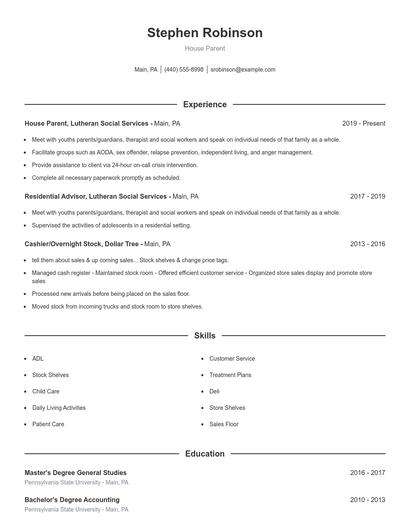 House Parent Resume