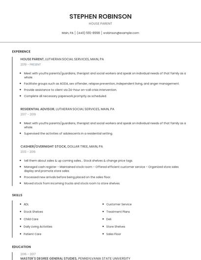 House Parent Resume