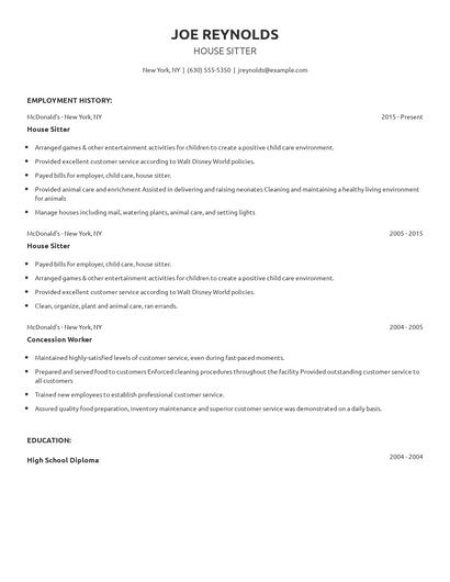 House Sitter Resume