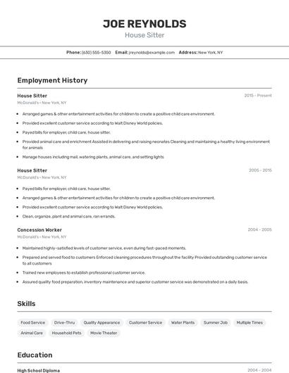 House Sitter Resume