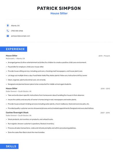 House Sitter Resume