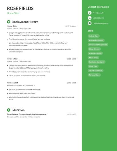House Sitter Resume