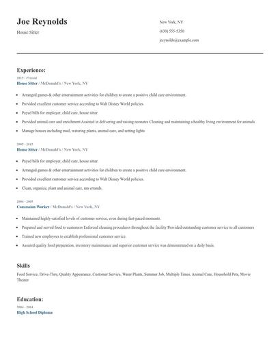 House Sitter Resume