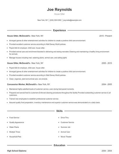 House Sitter Resume