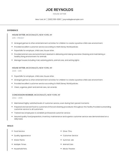 House Sitter Resume