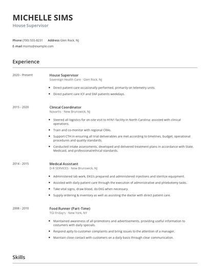 House Supervisor Resume