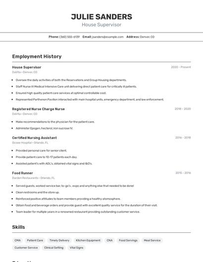 House Supervisor Resume