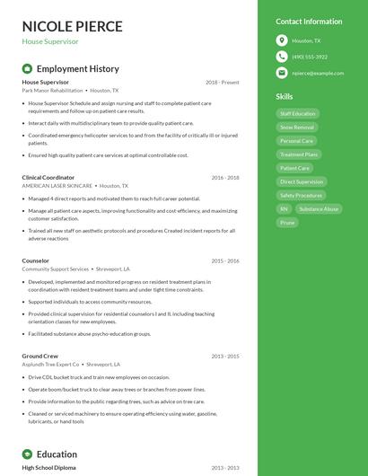 House Supervisor Resume