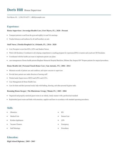 House Supervisor Resume
