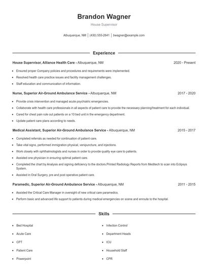 House Supervisor Resume