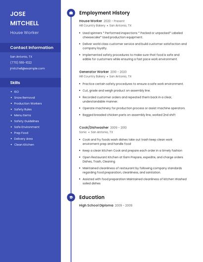 House Worker Resume