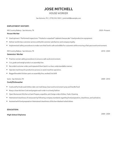 House Worker Resume