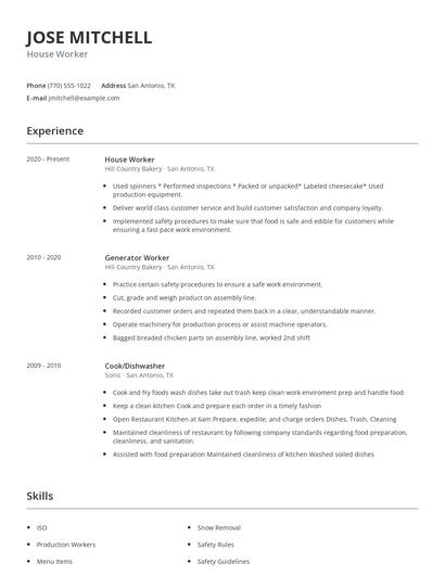 House Worker Resume