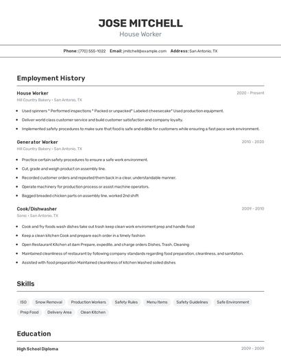 House Worker Resume