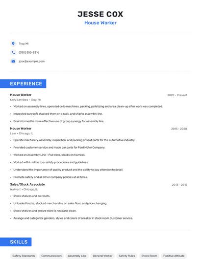 House Worker Resume
