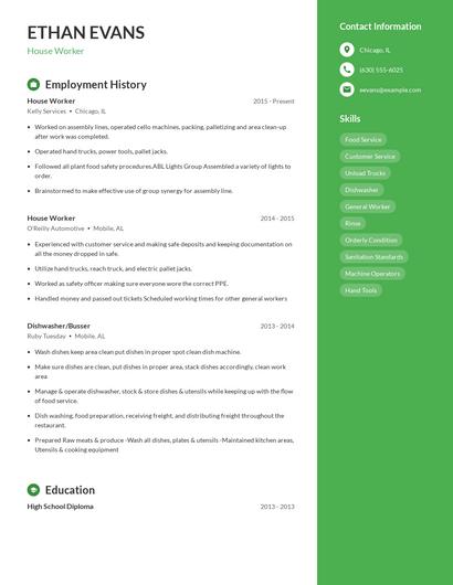 House Worker Resume
