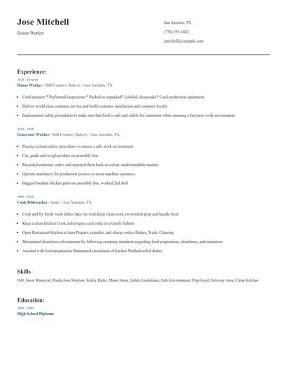 House Worker Resume