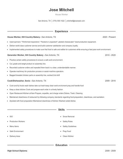 House Worker Resume