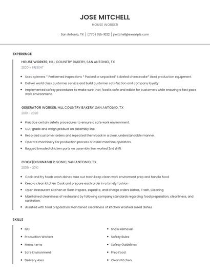 House Worker Resume