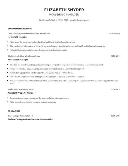 Household Manager Resume