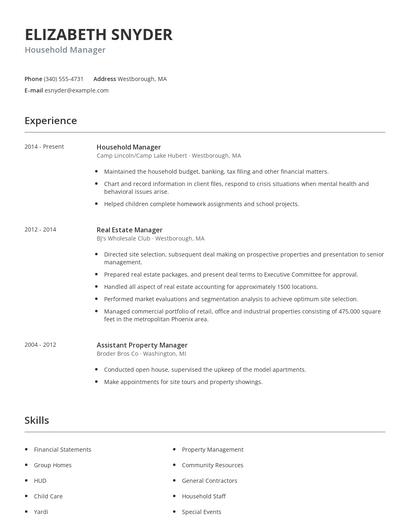 Household Manager Resume