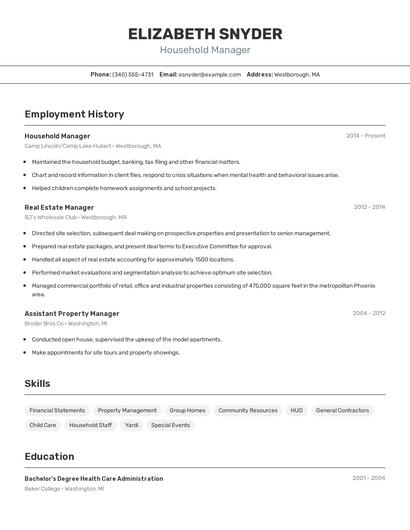 Household Manager Resume