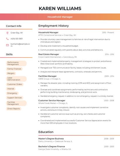 Household Manager Resume