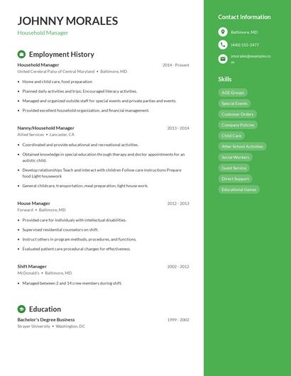 Household Manager Resume