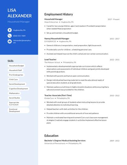 Household Manager Resume