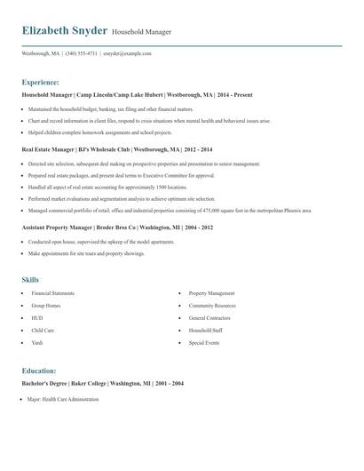 Household Manager Resume