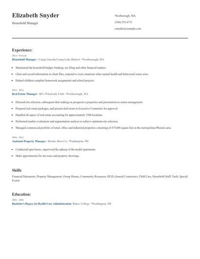 Household Manager Resume