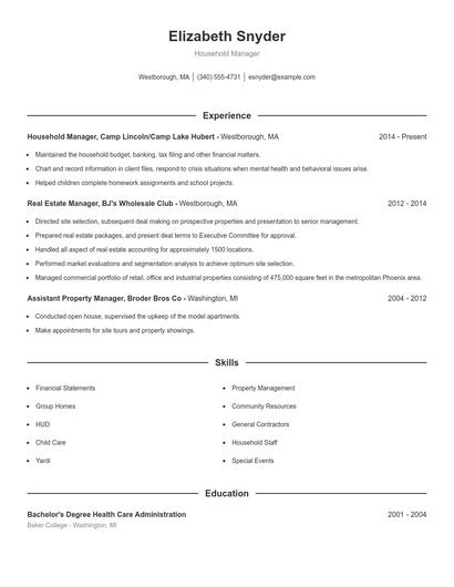 Household Manager Resume