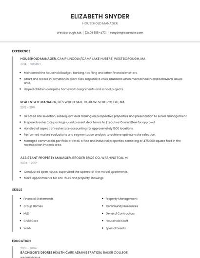Household Manager Resume