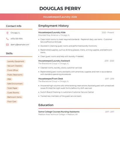 Housekeeper/Laundry Aide Resume