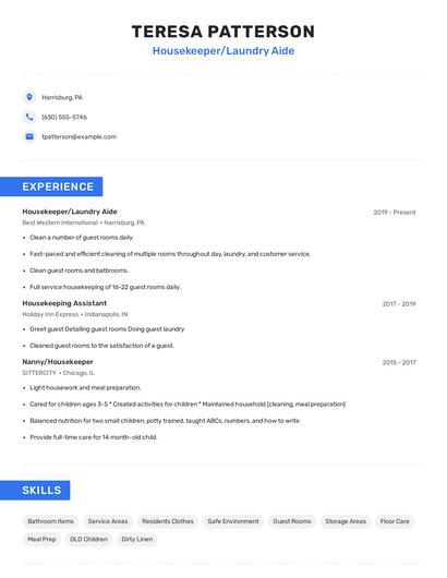 Housekeeper/Laundry Aide Resume