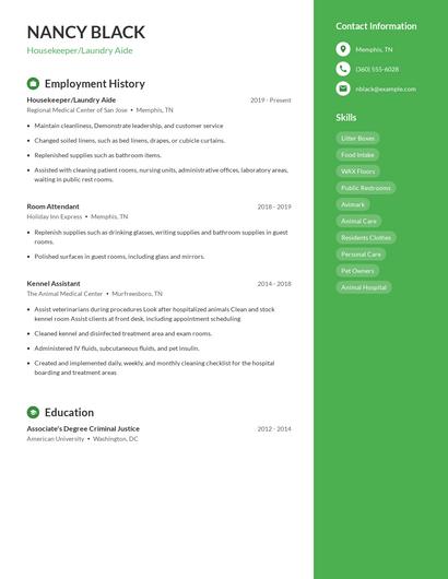 Housekeeper/Laundry Aide Resume