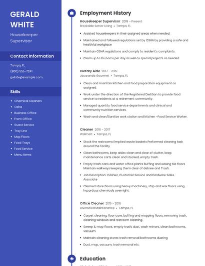 Housekeeper Supervisor Resume