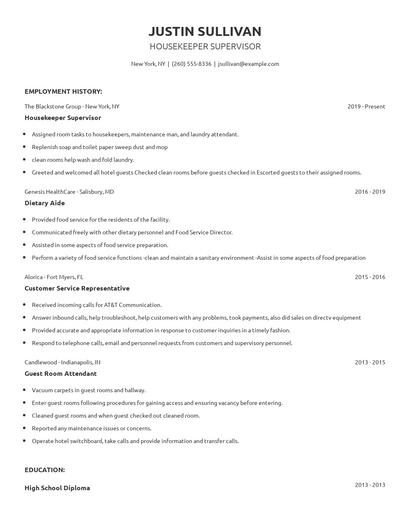 Housekeeper Supervisor Resume