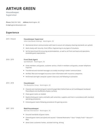 Housekeeper Supervisor Resume