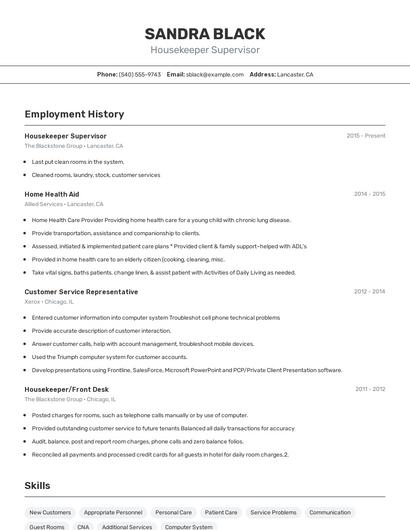 Housekeeper Supervisor Resume