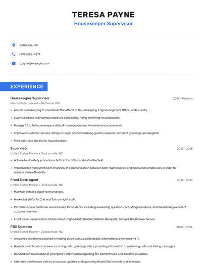 Housekeeper Supervisor Resume