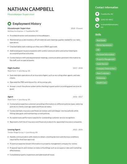 Housekeeper Supervisor Resume